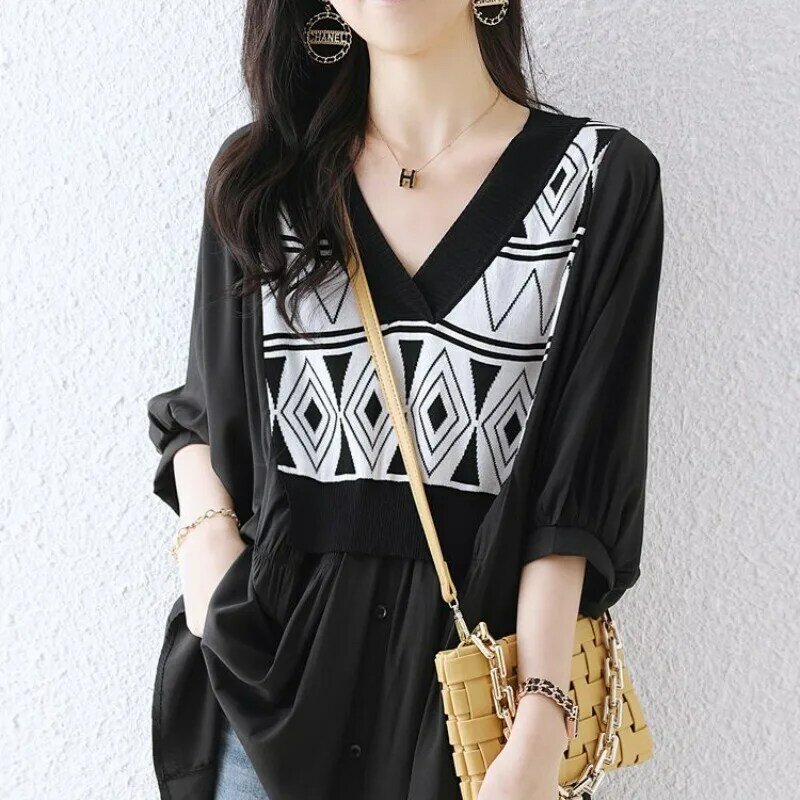 Temperament Printed Long Sleeved Summer Women's Fake Two-piece Chiffon Patchwork V-neck Knitted Loose Mid Length Shirt Tops