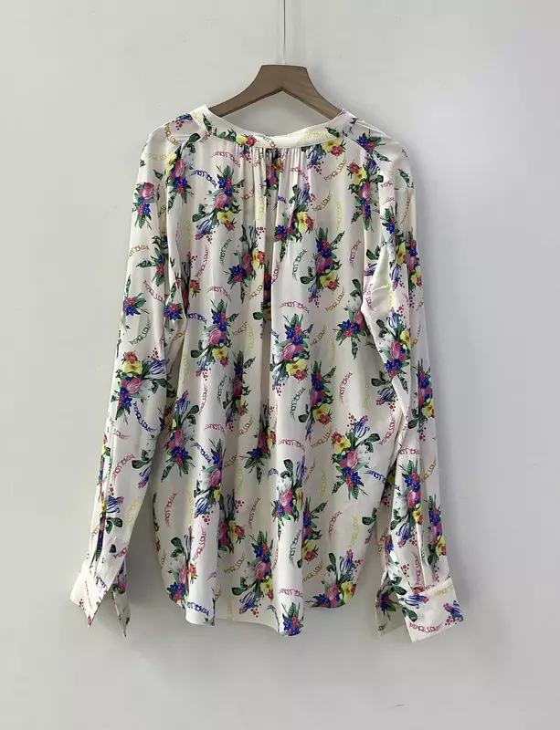 Women 100% Viscose Blouse Colorful Wing Floral Printed V-Neck Long Sleeve Fashion Spring 2024 Shirt
