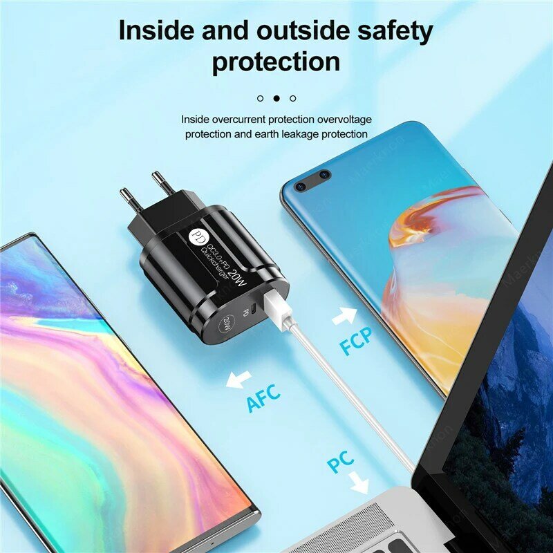 Caricabatterie per telefono da 20W caricatore USB di tipo C QC3.0 per iPhone 11 caricabatterie rapido Xiaomi Huawei PD spina ue/usa/regno unito adattatore da viaggio a ricarica rapida