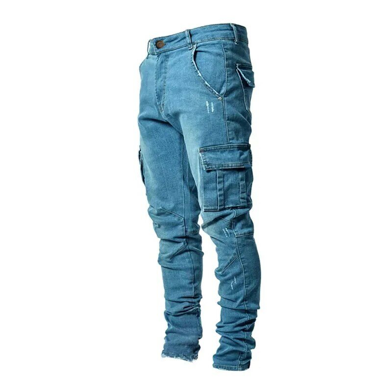 Calça skinny multi-bolsa masculina, jeans cargo, calça stretch, calça de emagrecimento, monocromática, roupa fina, primavera, verão, novidade, 2021