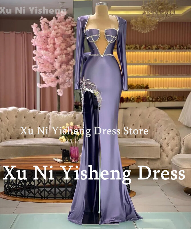 Новое Фиолетовое официальное вечернее платье с длинным рукавом и воротником-стойкой, украшенное бусинами, блестящее платье для выпускного вечера, 2024 атласное платье