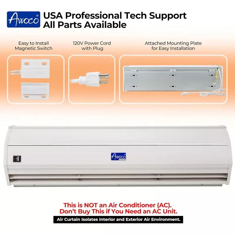 Awoco 36" Elegant 2 Speeds 900CFM Commercial Indoor Air Curtain, UL Certified, 120V Unheated - Door Switch Included