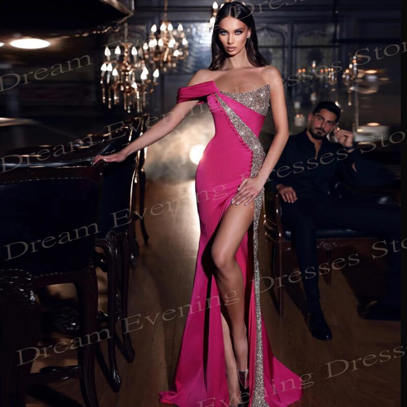 New Shiny Mermaid Sexy Evening Dresses Pretty Sleeveless Satin Sequined Prom Gowns Charming Side High Split Abend Kleid Luxus