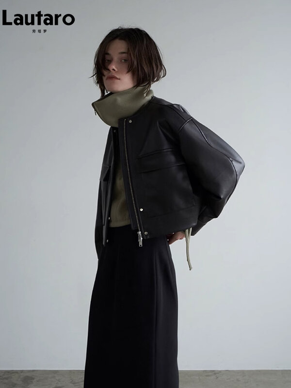 Lautaro jaket kulit Pu lembut wanita, pakaian desainer mewah lengan panjang dengan kantong depan ukuran besar hitam lembut musim gugur
