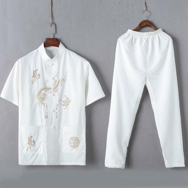 2 sztuk/zestaw garnitur Casual w średnim wieku chiński styl smok topy z krótkim rękawem zestaw spodni strój strój Tang koszula spodnie spodnie koszule