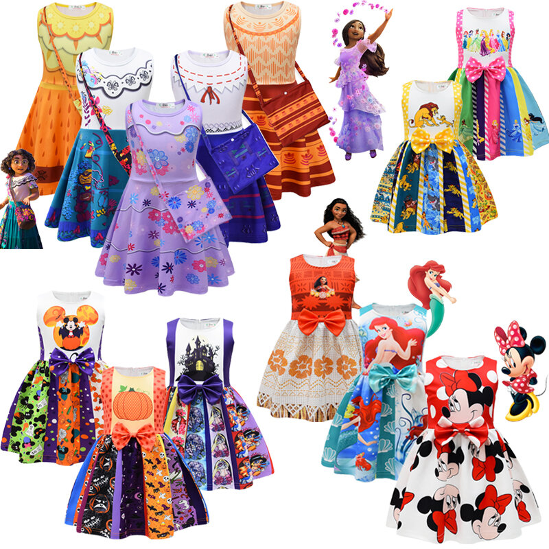 Disney vestido con estampado de dibujos animados para niñas, disfraz de princesa de Mickey, sirena, Mirabel e Isabela, para Halloween