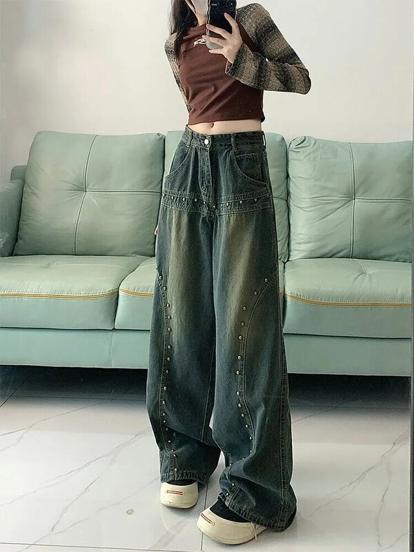 Pantalones vaqueros de pierna ancha para mujer, pantalón de cintura alta, largo completo, informal, fino, remache, tendencia coreana, hip hop, azul, nuevo diseño