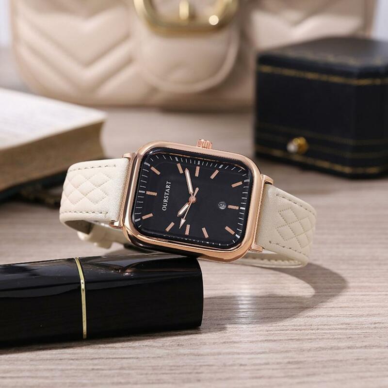 Relógio de quartzo feminino quadrado com textura losango, pulseira de couro sintético ajustável, data display para mulheres, elegante