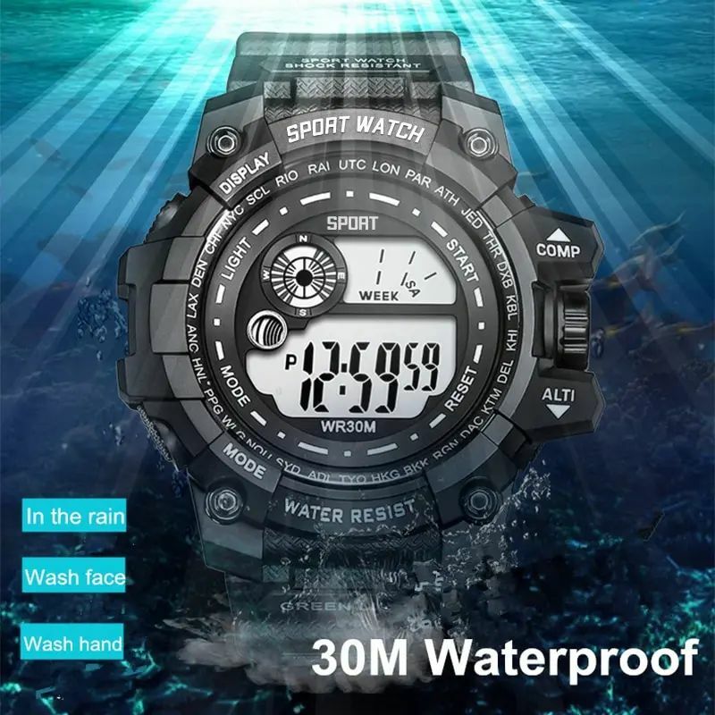 ساعة يد رقمية LED للرجال من YIKAZE ، كرونوغراف مضيء مقاوم للماء ، ساعات إلكترونية للرجال ، رياضات خارجية