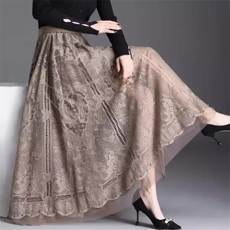 Женская кружевная длинная юбка с завышенной талией, длинная юбка-трапеция с вырезами и шипами, элегантная кружевная юбка миди для весны и лета 2024