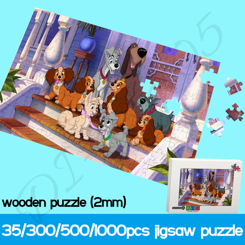 Rompecabezas de madera de personajes de Disney para niños y adultos, puzles de 35, 300, 500, 1000 piezas, película de animación clásica, Lady and The Tramp, Juguetes