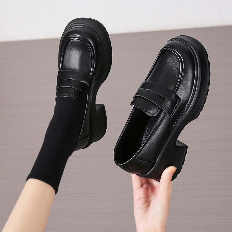 Lucyever Pu Leather Platform Loafers Woman 2023 British Style Thick Heels Oxfords Shoes Women Slip On College Gothic Shoes Mujer