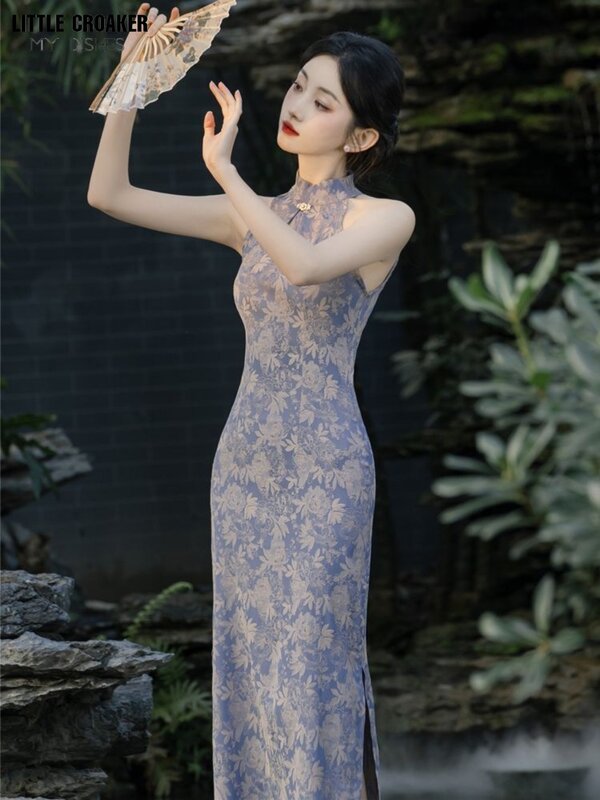New Chinese Retro Cheongsam Style Sleeveless Hanging Neck Simple Elegant Qipao Improved Version Dress for Young Girls High End