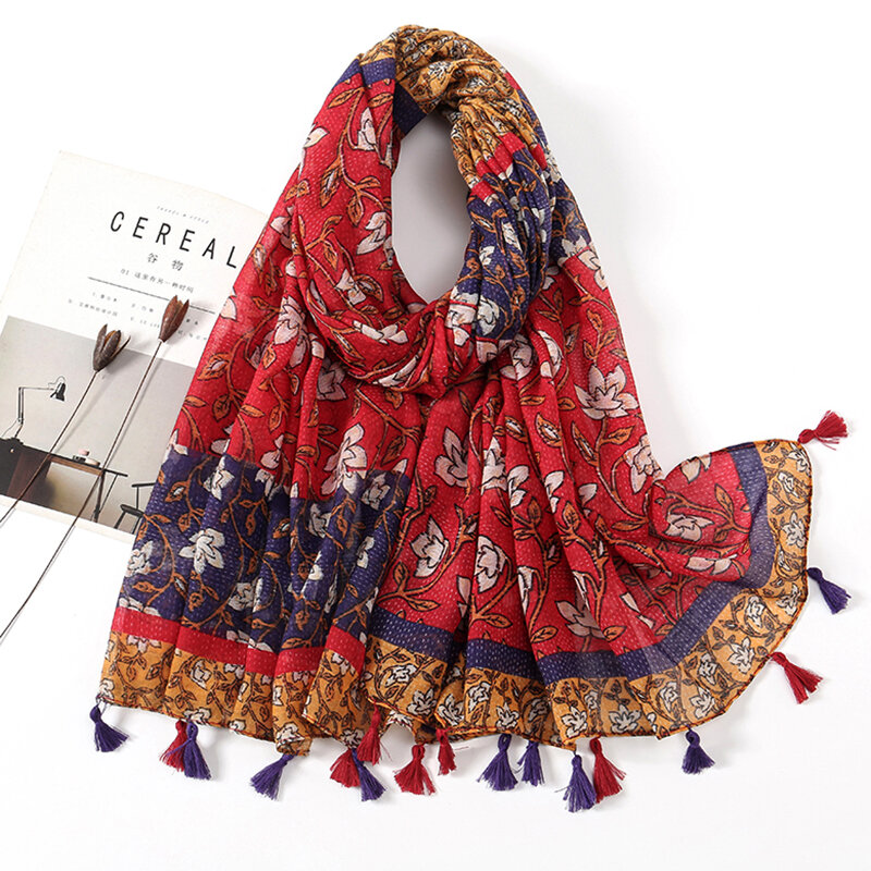 2023 Fashion Luxury Brand Aztec Floral Tassel Viscose Shawl Scarf Lady High Quality Wrap Pashmina Stole Bufandas Muslim Hijab