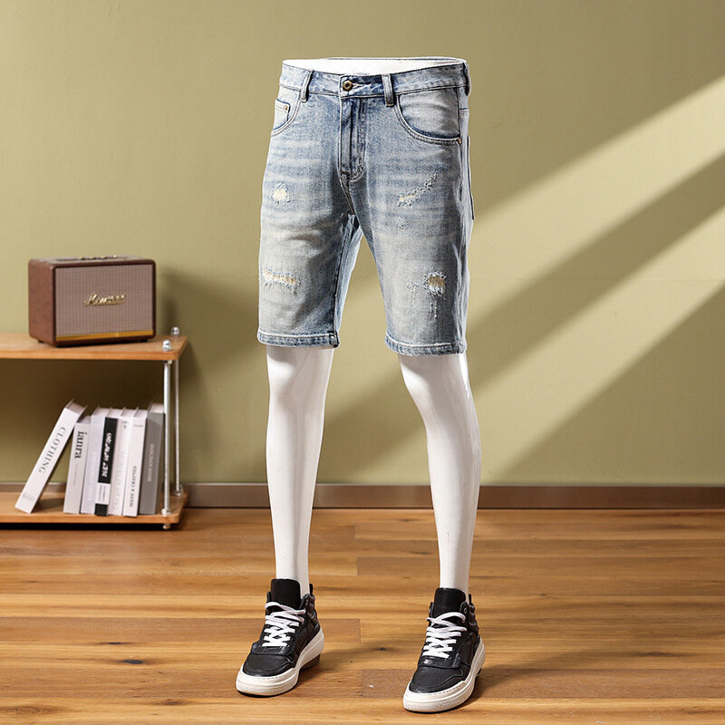 Shorts jeans de perna reta retrô slim fit masculino, calças casuais cortadas, tendência de rua zero, moda, verão, 2024