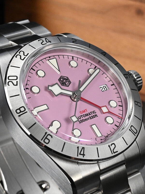 San Martin Pink Dial BB GMT NH34 39mm Classic Luxury Business Men Watch Automatic meccanico zaffiro impermeabile Relojes SN0054