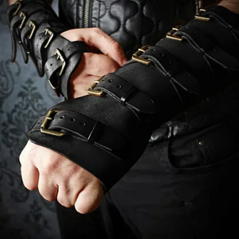 A pair Adult Medieval Battle Warrior Knight Arm Wrist Bandage Leather Armor Bracer Rivet Archer Gauntlet Costume Cosplay Props