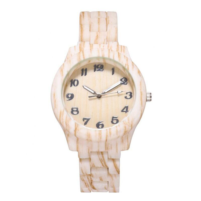 Grão de madeira feminino redondo mostrador quartzo relógio de pulso, número arábico, resina banda, analógico