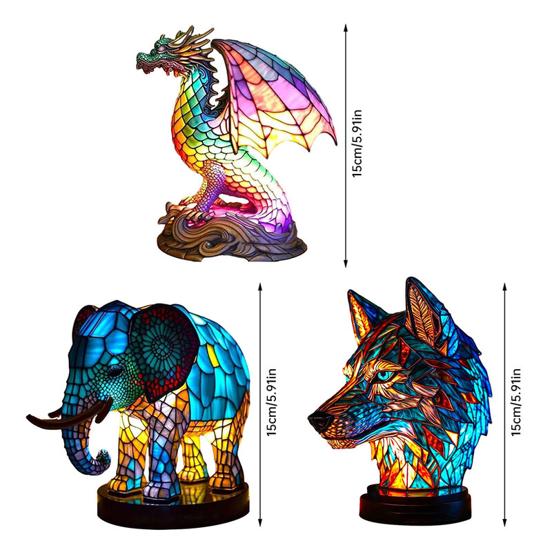 Resin Stained Glass Animal Lamp Dragon Wolf Elephant Table Lamp Desktop Ornament Colorful Night Light Bedside Lamp Home Decor