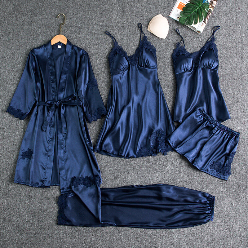 Conjunto de pijama de seda para mujer, ropa de dormir Sexy de cinco piezas con almohadillas en el pecho, alta calidad, primavera y verano, novedad de 2024