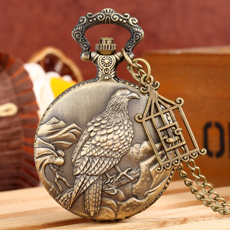 Montre de Poche Vintage avec Accessoire, Motif d'Oiseau Mignon, Bronze, Pendentif Collier, Horloge Chiffre Arabe, Cadran Blanc