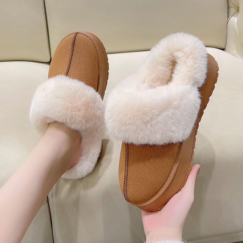 Warm Thicken Plush Chunky Platform Cotton Slippers Women Flat Heels Fur Slippers Woman 2023 New Faux Suede Fluffy Winter Shoes