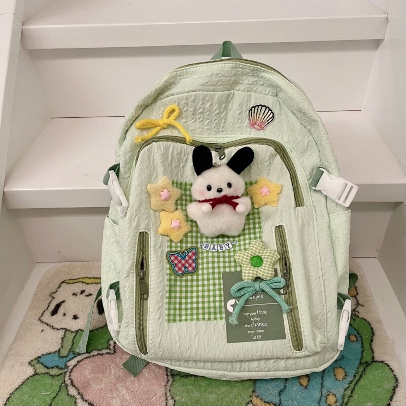 2024 Green Dog bunga kupu-kupu ransel kotak-kotak tas sekolah kapasitas besar kasual tas tangan Siswa santai ransel perjalanan