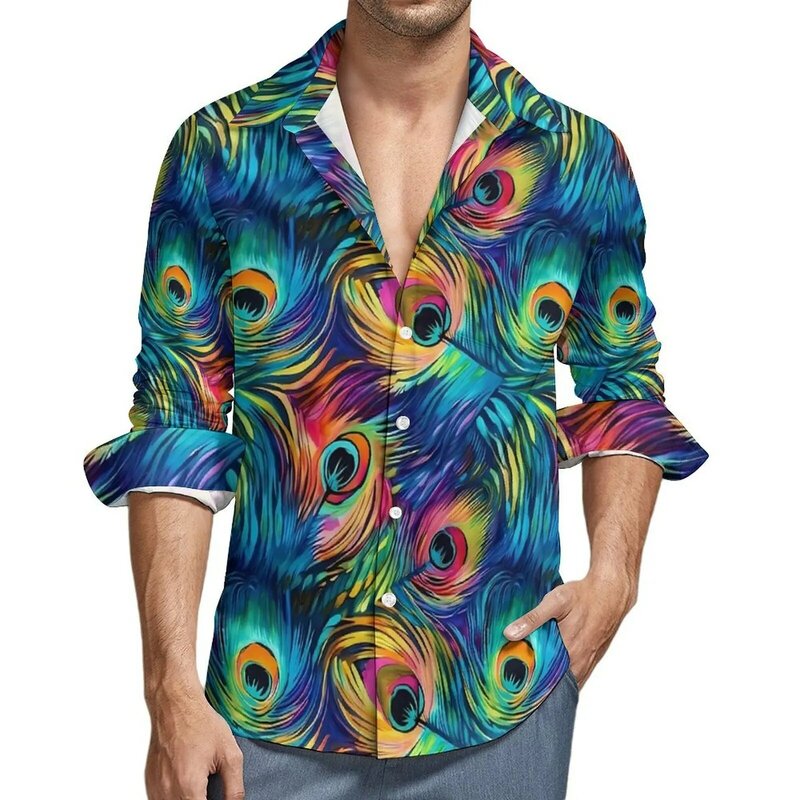 Blusa de plumas de pavo real para hombre, camisa con estampado de animales, manga larga, Vintage, divertida, informal, diseño de otoño, talla grande, Y2K