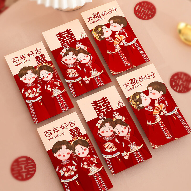 6 szt. Tradycyjne chińskie wesele czerwona koperta szczęśliwe pieniądze paczki z błogosławieństwem prezentów ślubnych Hongbao