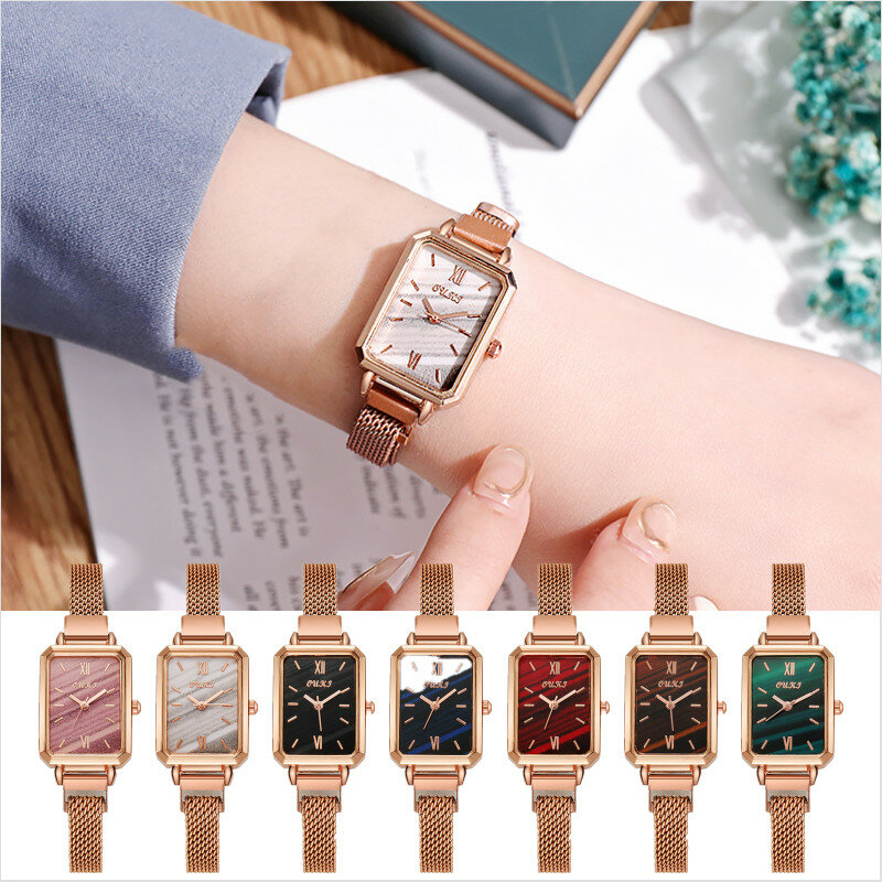 여성 시계 럭셔리 간단한 레트로 사각형 다이얼 스테인레스 스틸 스트랩 쿼츠 손목 시계