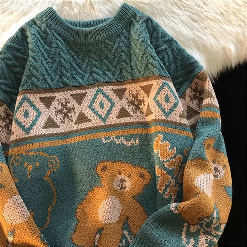 Sweater beruang lucu pria, atasan Sweater rajut jalanan tinggi ukuran besar, Sweater pasangan wanita putih Kawaii Pullover longgar Harajuku musim gugur