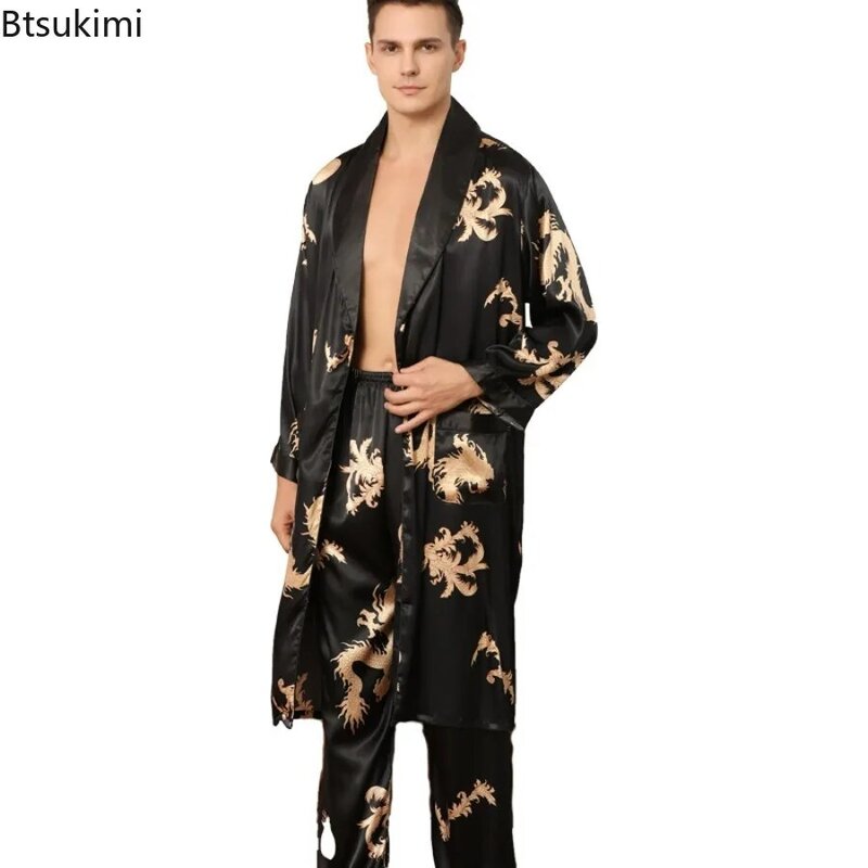 2024 Men's Dragon Print Satin Robe 2PCS Sets Satin Sleepwear Robe and Pants Male Casual Kimono Gown Loose Large Size Home Wear