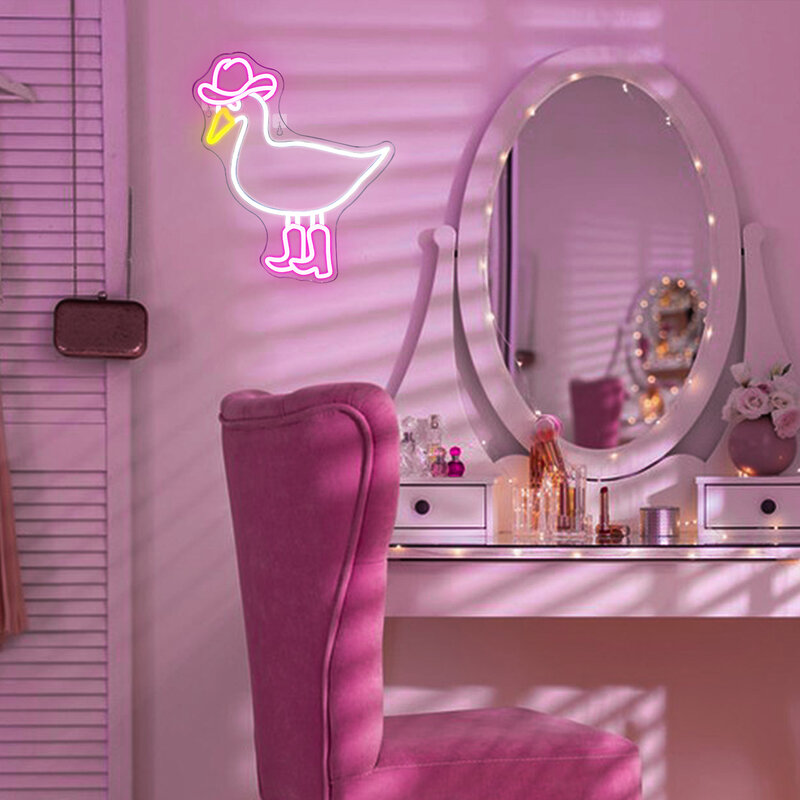 Letreros LED de neón para decoración de habitación, cartel de pato vaquero blanco y rosa con botas para decoración de dormitorio, hogar, Bar, Niña y niño, arte de pared Acrílico
