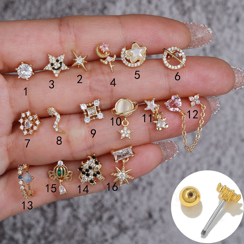 1PC Gold Color Star Heart Little Stud Earrings Stainless Steel Zircon Helix Screw Cartilage Piercing Earrings 2024 Trend Jewelry