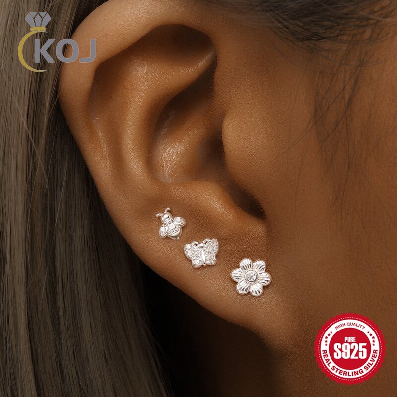 KOJ 925 Sterling Silver earring For Women Zircon 1 set of 3 pieces butterfly/Circular combination piercing earrings jewelry