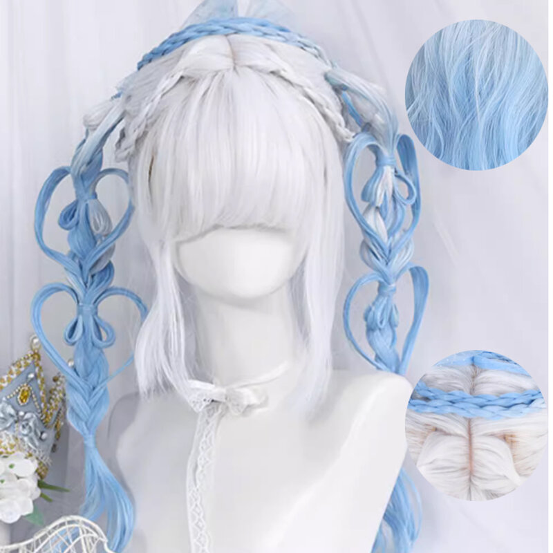 Lolita sintética peruca longa cabelo encaracolado, rolo de lã gradiente, festa diária, branco e azul