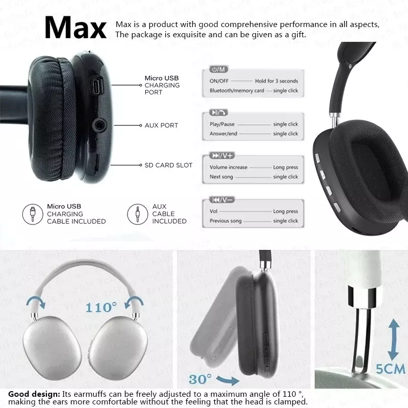 Auscultadores Bluetooth sem fios P9 com microfone Auscultadores com cancelamento de ruído Auscultadores de som estéreo Auscultadores para jogos desportivos Suporta TF