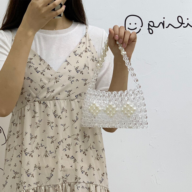 2022 Crystal Beaded Transparent Bag Square Beaded Mobile Phone  Jelly Bag Purse Niche Hand-woven Pearl Clear Purses Handbags