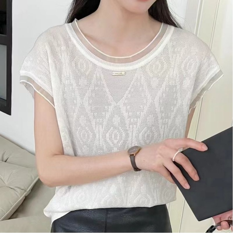 Kaus lengan pendek berongga Crochet Korea Fashion wanita musim panas baru longgar leher bulat Solid atasan tipis rajutan renda