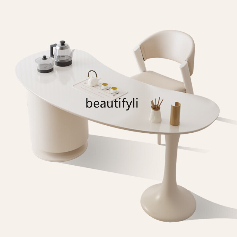 Juego de mesa y silla con placa de piedra brillante, tetera integrada, Simple, moderna, de lujo, de alto grado, estilo crema, para oficina