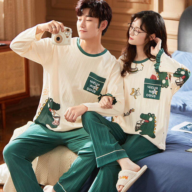 Dinosaur Cartoon Sleepwear Cotton Pajamas Couple Long Sleeves Pyjamas Suit Pijama Women Men Loungewear Plus Size Pjs Home Clothe