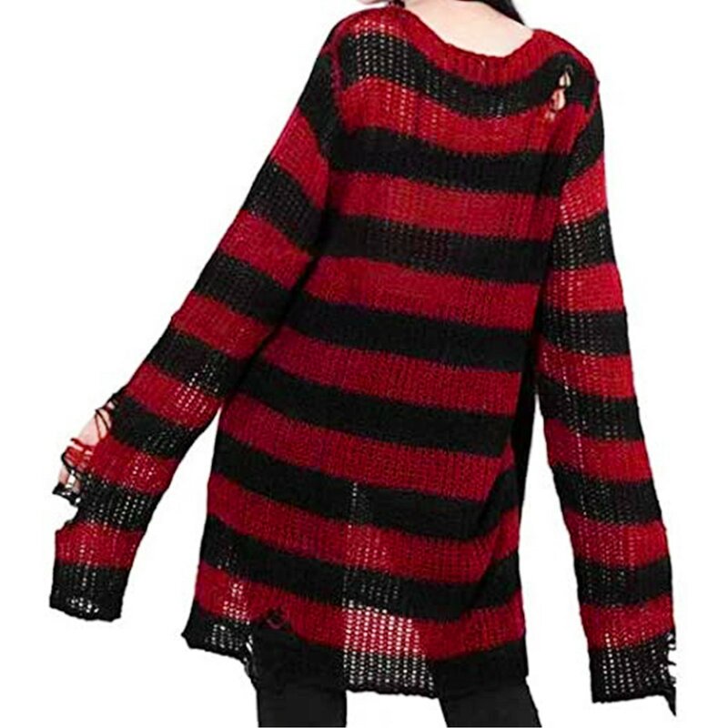 Punkowy gotycki długi sweter Unisex letni damski w paski fajny sweter z dziurami, luźny, cienki, ciemny Top w stylu Streetwear