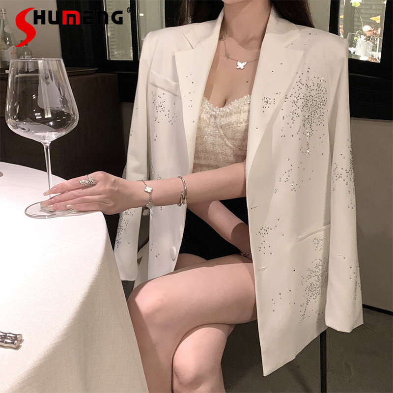 Fashion Socialite Hot Rhinestone Suit Exquisite High-End Padded Shoulder Feminine New Long Sleeve Solid Color Coats Suit