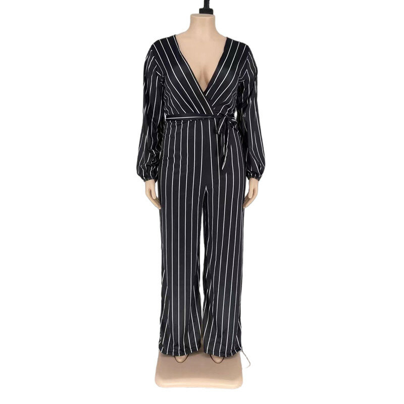 L-4XL Fall 2022 Plus Size Jumpsuit Women Clothing Fashion Stripe V Neck Long Sleeve Belt Elegant Business Lady Outfits Wholesale