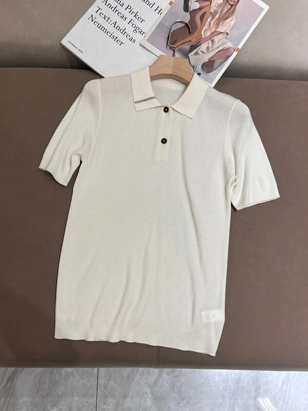 Camiseta de manga corta de punto elástico de lana de seda de oficina informal de lujo