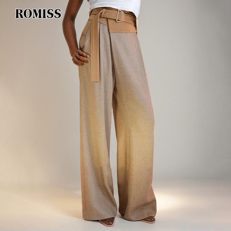 ROMISS-Calça feminina com cinto emendado colorido, cintura alta, bolsos em retalhos, minimalista, casual, perna larga, moda feminina, novo