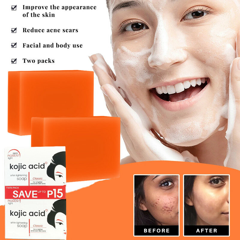 Kojic ácido Facial limpeza sabão Kit, poros sujeira, cravo, Anti-Acne, remover, controle de óleo, clareamento da pele, 65g x 2