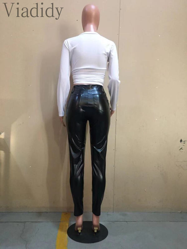 Women Casaul Slim High Waist PU Leather Single Button Pants