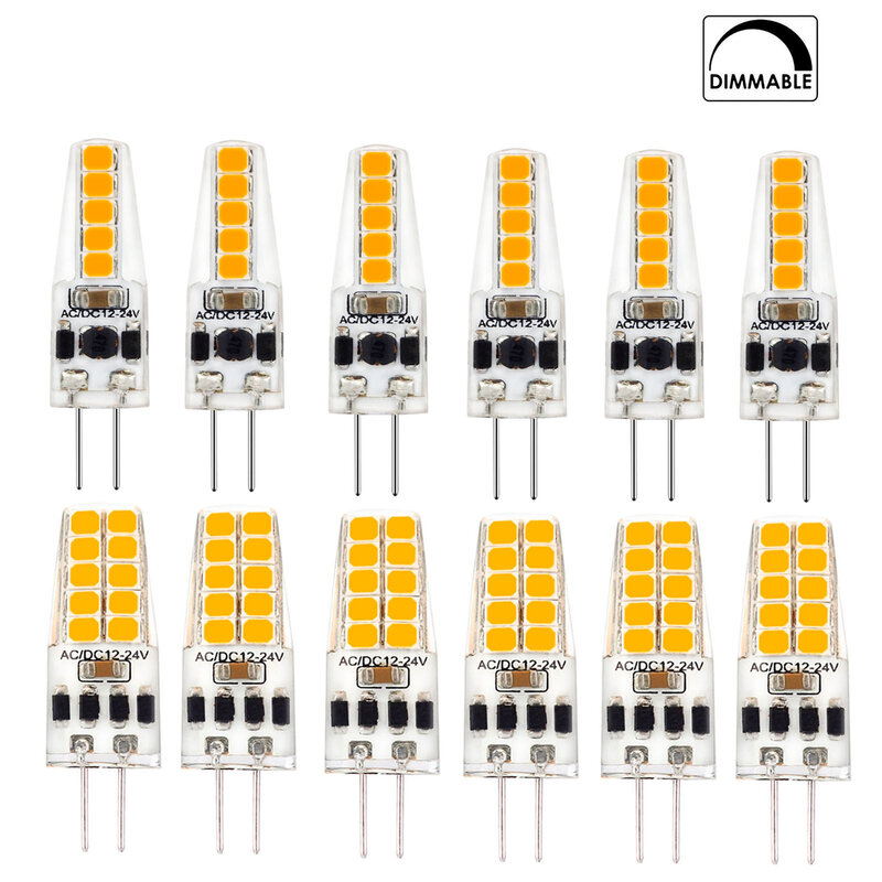 Mini Dimmable G4 LED Lâmpadas de cristal de silicone, AC, DC, 12V-24V, 3W, 5W, 2835 SMD, frio, quente, branco neutro, substituir a lâmpada de halogênio, 5 PCes