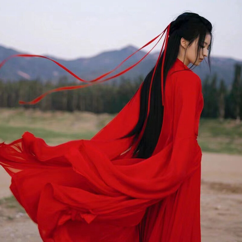 레드 한푸 여성 위진 스타일 무술 코스튬, 우아한 중국 고대 스타일 댄스 공연 코스튬, 2024